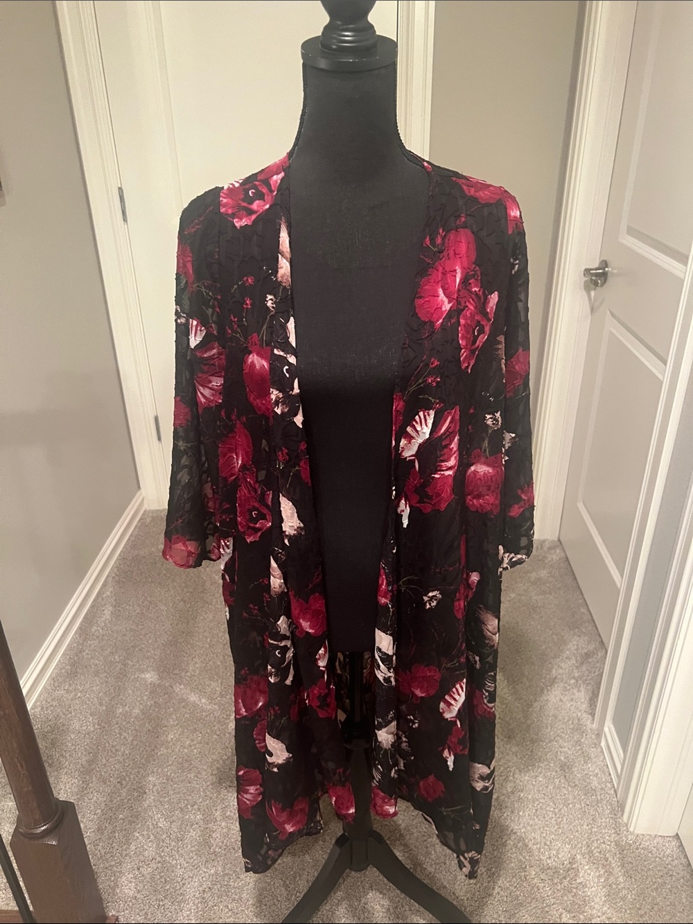 Black Floral Sheer Kimono Robe with Deep Red Blooms